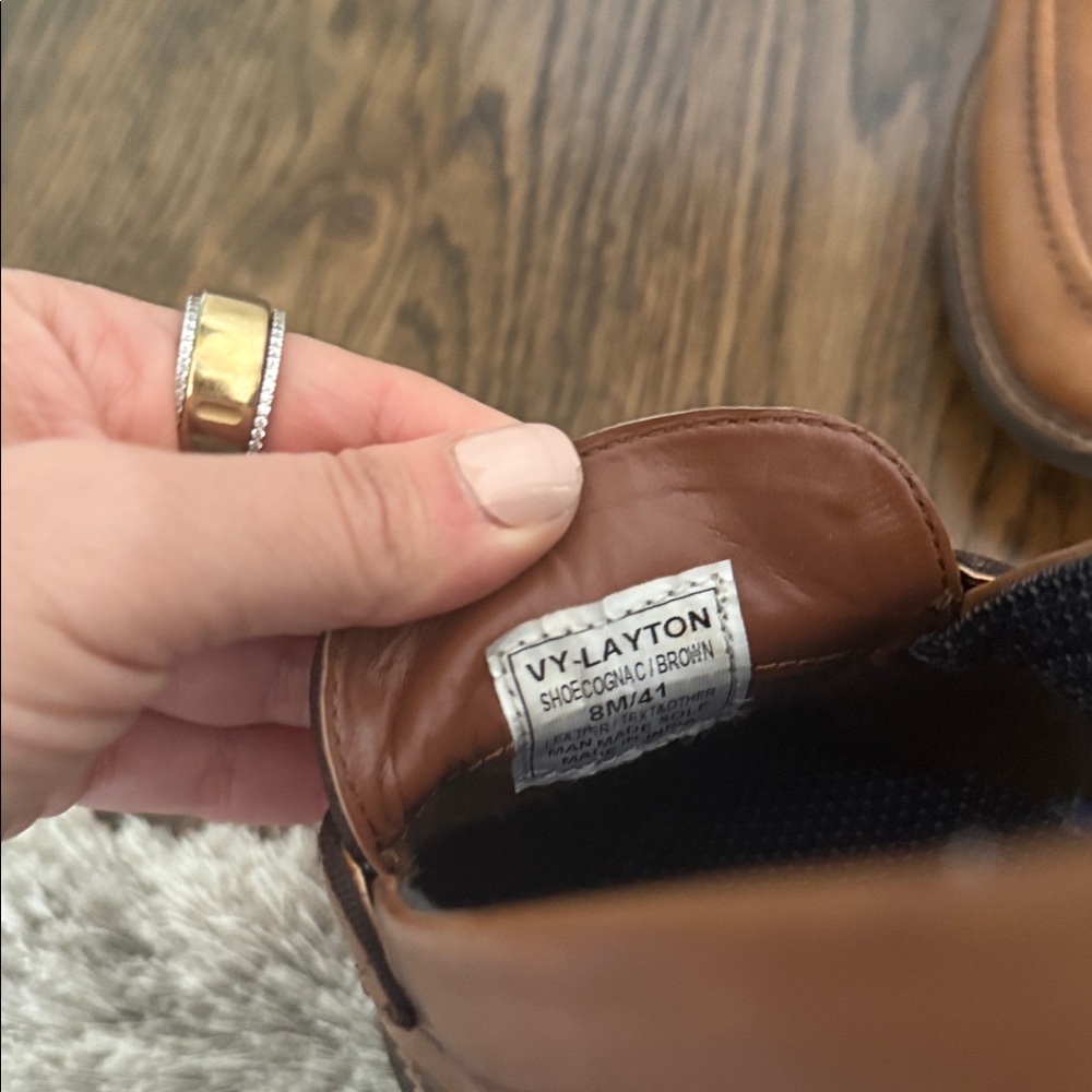 Vince Camuto Men's Cognac Leather Penny Loafers with Blue Lining - Picture 8 of 8